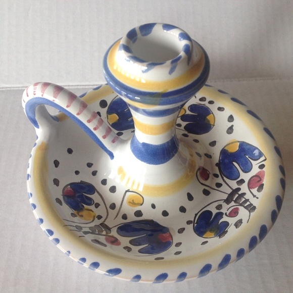 Italian Pottery Deruta Michelangelo Candleholder w Handle blue flowers design - Picture 2 of 5